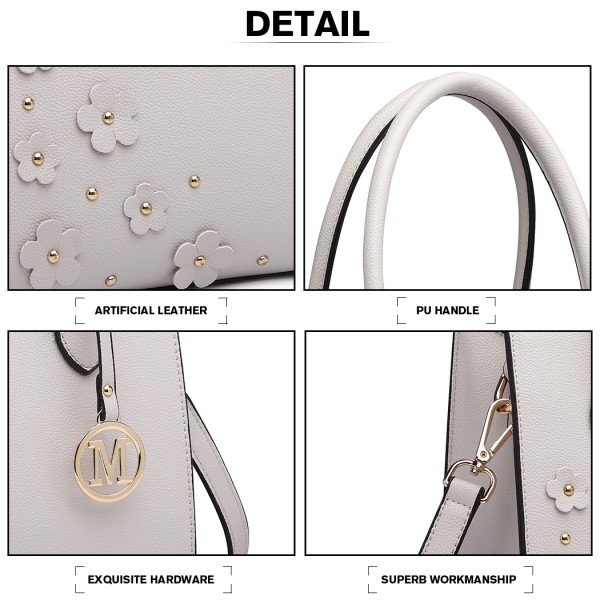 LH6809 - Miss Lulu Embellished Flower Leather Look Handbag - Light Grey LH6809 - Miss Lulu Embellished Flower Leather Look Handbag - Light Grey